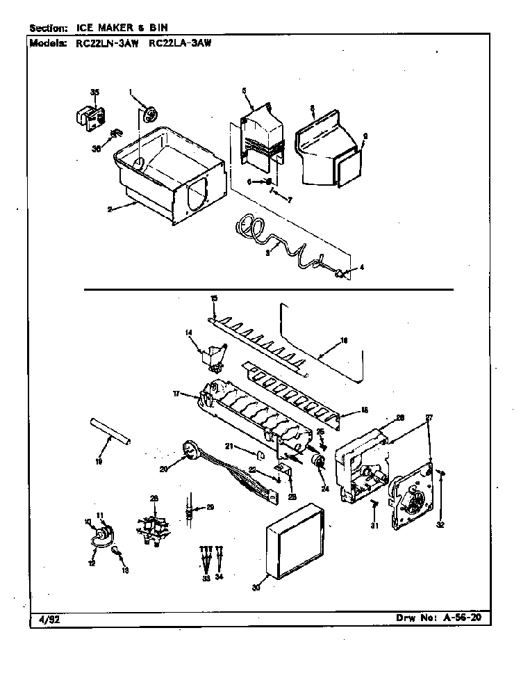 Ice Maker & Bin Diagram and Parts List for RC22LN-3AW CS32A Magic Chef Refrigerator