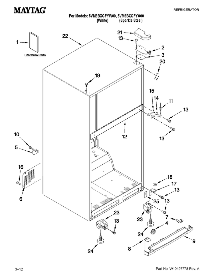 Cabinet Parts Diagram and Parts List for 5VM9BXGFYW00  Maytag Refrigerator