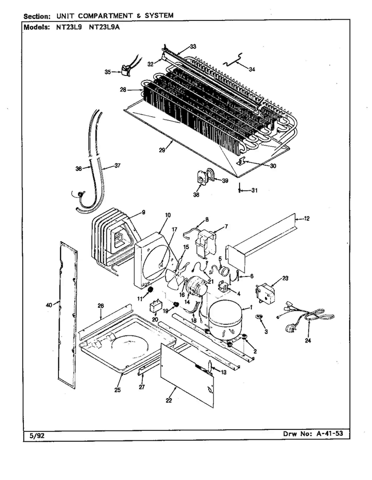 Unit Compartment & System Diagram and Parts List for NT23L9A BA98C Admiral Refrigerator
