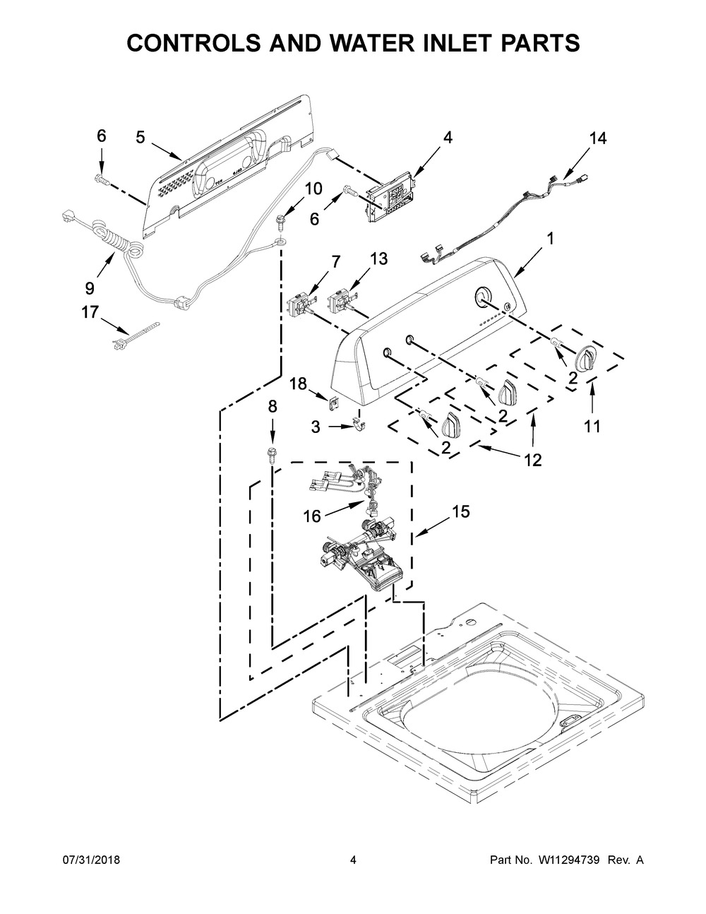 Controls And Water Inlet Parts Diagram and Parts List for NTW4516FW3  Maytag Washer