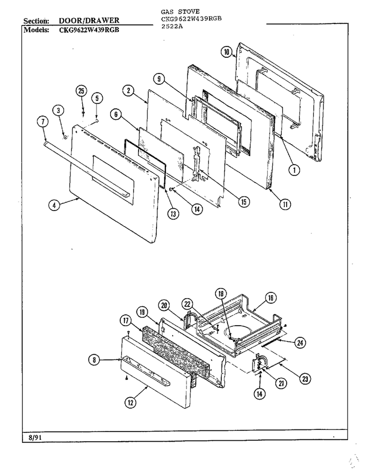 Door/drawer Diagram and Parts List for 2522A  Hardwick Range