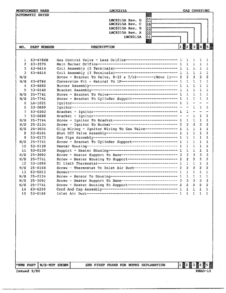 Gas Dryer Gas Carrying Assembly Page 2 Diagram and Parts List for 8215A REV E Norge Dryer
