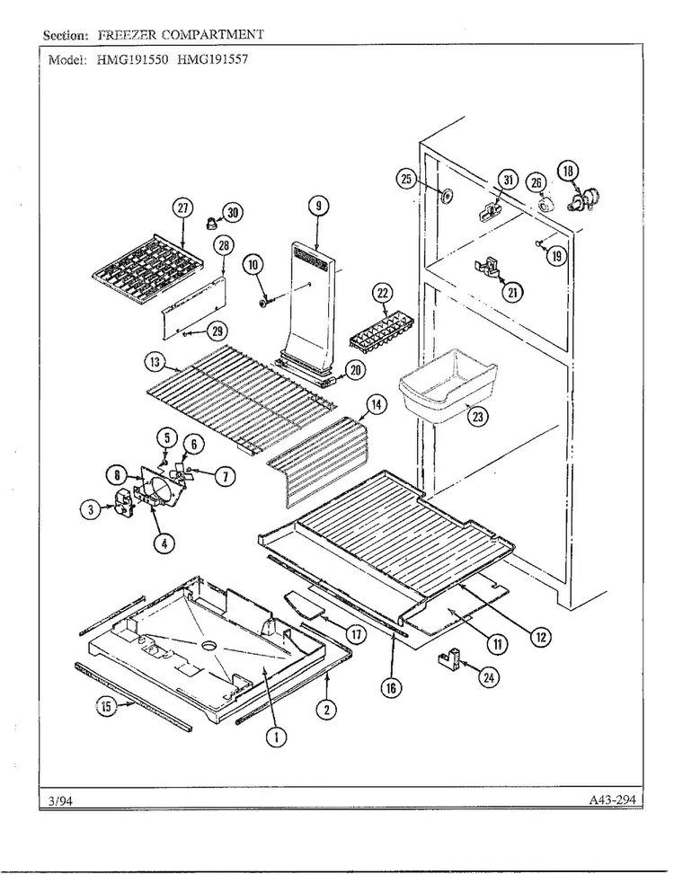 Freezer Compartment Diagram and Parts List for 191550  Admiral Refrigerator