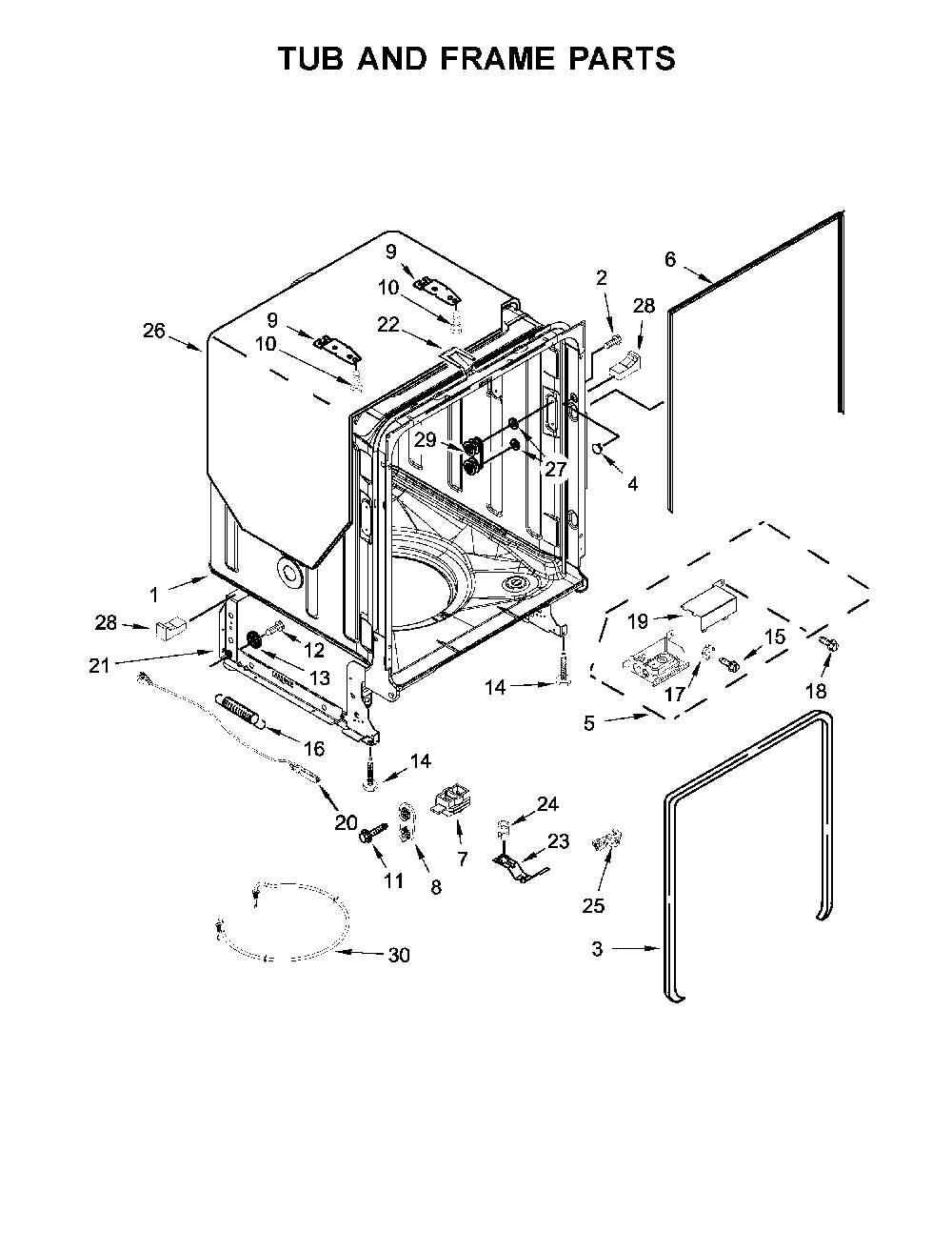 Tub And Frame Parts Diagram and Parts List for 66512776K315  Kenmore Dishwasher