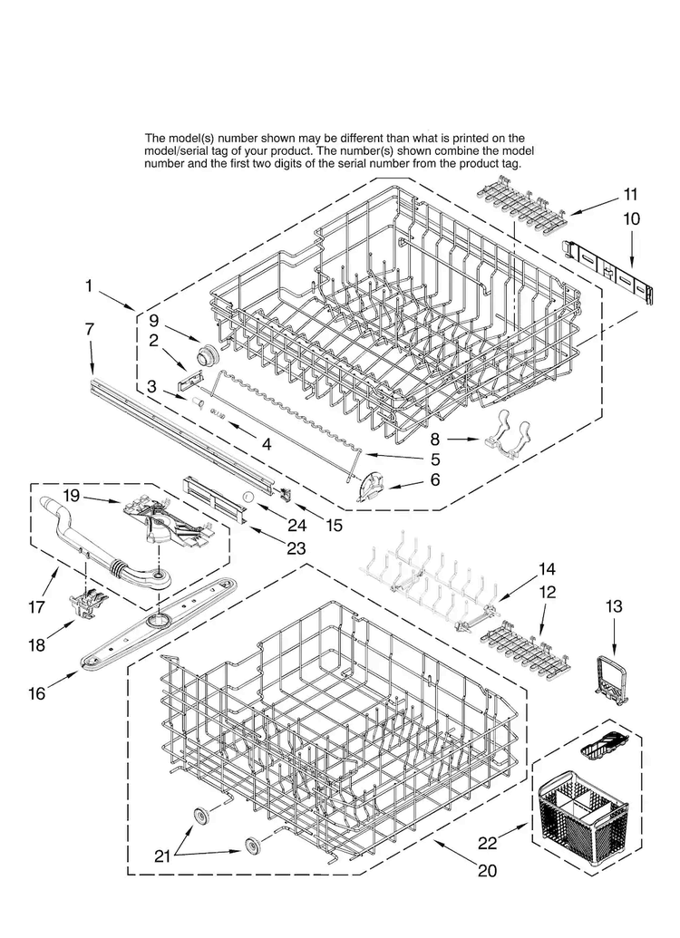 Upper And Lower Rack Parts Diagram and Parts List for JDB1080AWB41  Jenn-Air Dishwasher