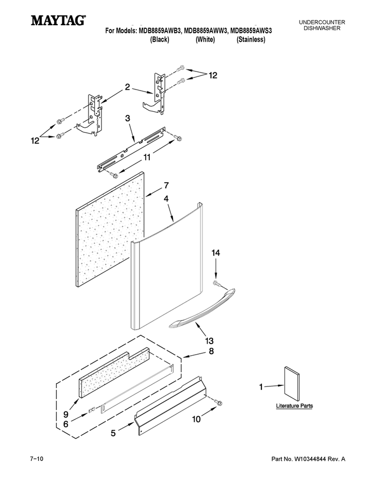 Door And Panel Parts Diagram and Parts List for MDB8859AWW3  Maytag Dishwasher