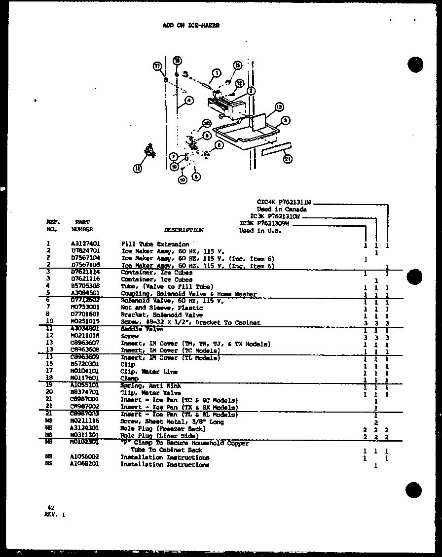 Add On Ice-maker (ic3k/p7621309w) (ic3k/p7621310w) (cic4k/p7621311w) Diagram and Parts List for TM18M-P7859213W  Amana Refrigerator