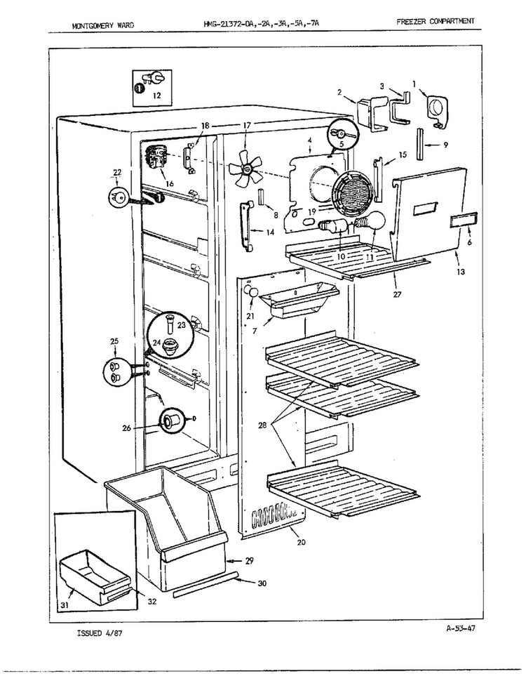 Freezer Compartment Diagram and Parts List for 21372A  Admiral Refrigerator