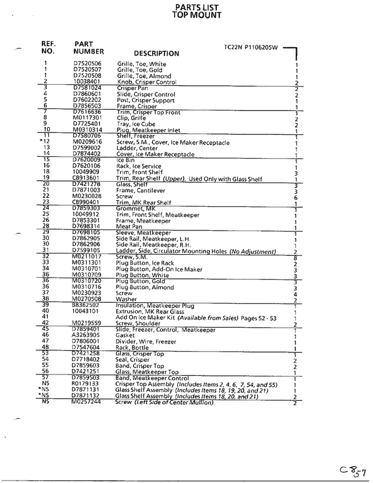 Top Mount Page 30 Diagram and Parts List for TC22N-P116205W  Amana Refrigerator
