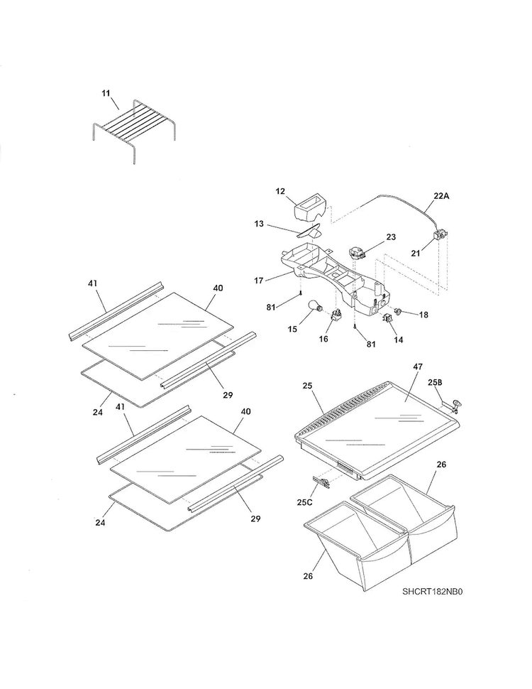 Shelves Diagram and Parts List for CRT182HNW0  Crosley Refrigerator