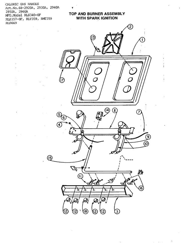 Top And Burner Assy With Spark Ignition Diagram and Parts List for 2940A  Amana Range