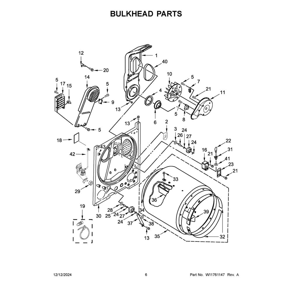 Bulkhead Parts Diagram and Parts List for ZDEW7115RB0  Crosley Dryer