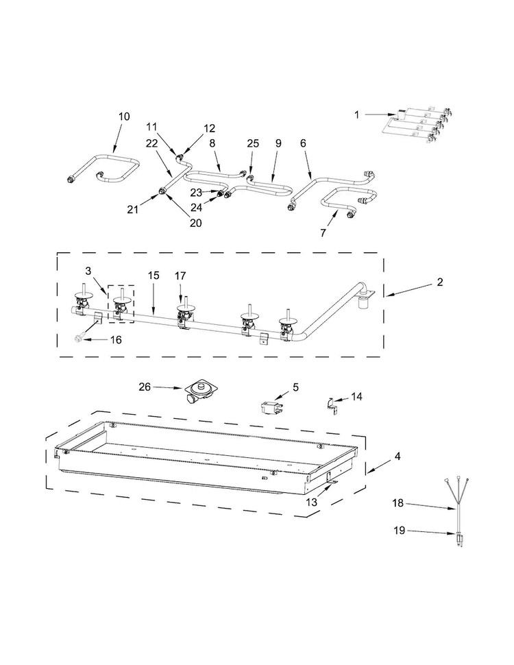Burner Box, Gas Valves And Switch Parts Diagram and Parts List for JGC1530BS00  Jenn-Air Cooktop