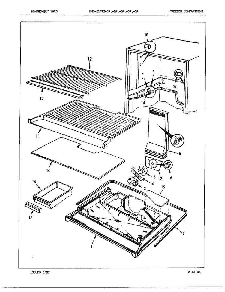 Freezer Compartment Diagram and Parts List for 21472A  Admiral Refrigerator