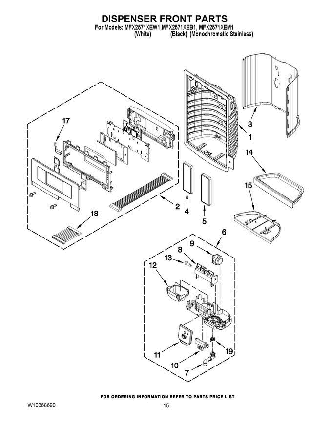 08 - Dispenser Front Parts Diagram and Parts List for MFX2571XEB1Q  Maytag Refrigerator