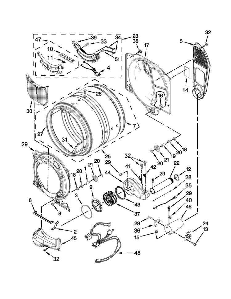 Bulkhead Parts Diagram and Parts List for NGD5700BW0  Amana Dryer