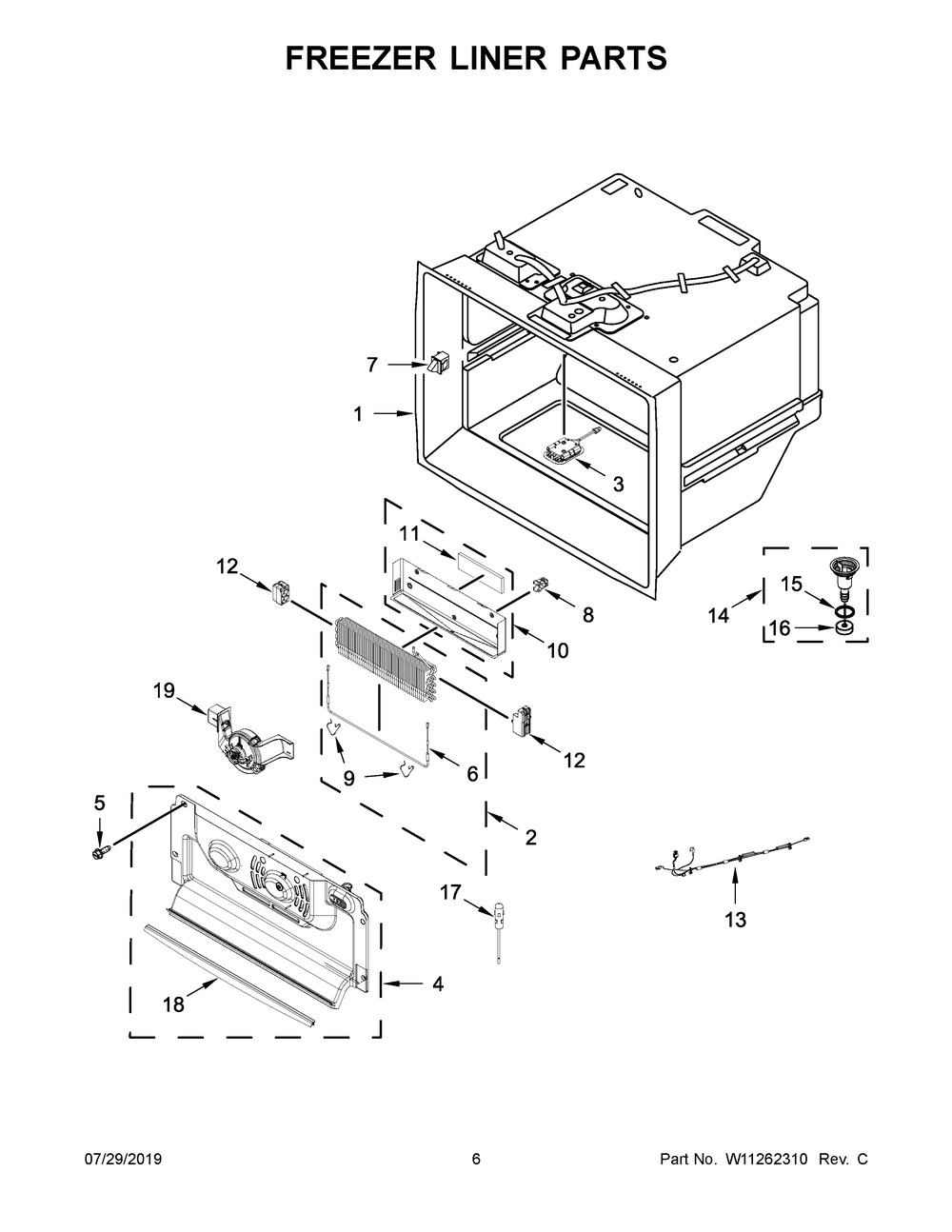 Freezer Liner Parts Diagram and Parts List for JFFCC72EFP02  Maytag Refrigerator