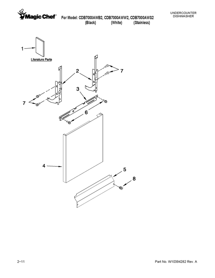 Door And Panel Parts Diagram and Parts List for CDB7000AWW2  Magic Chef Dishwasher