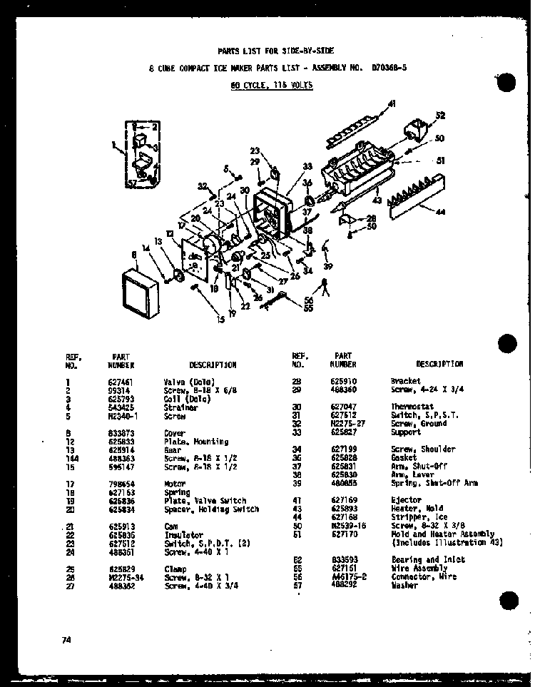8 Cube Compact Ice Maker Diagram and Parts List for SD19W-C-P60340-36WC  Amana Refrigerator