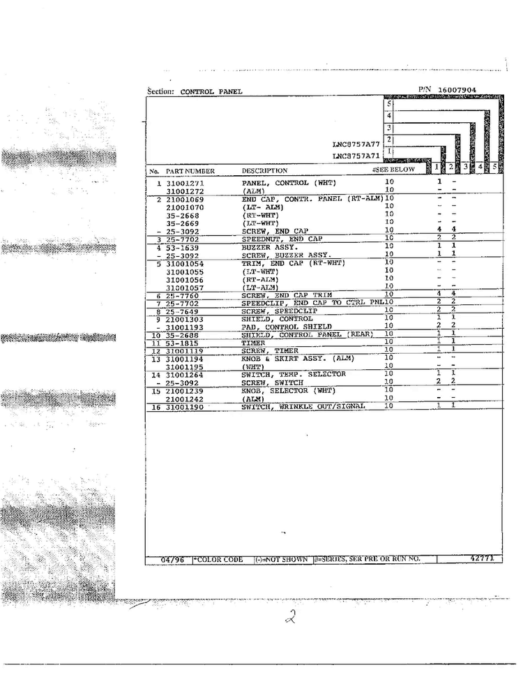 Control Panel Page 2 Diagram and Parts List for LNC7753A77  Maytag Dryer
