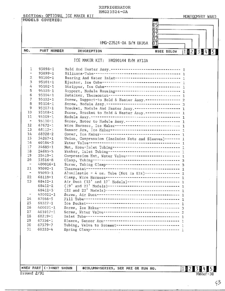 Optional Ice Maker Kit Page 2 Diagram and Parts List for 23524-0A  Admiral Refrigerator