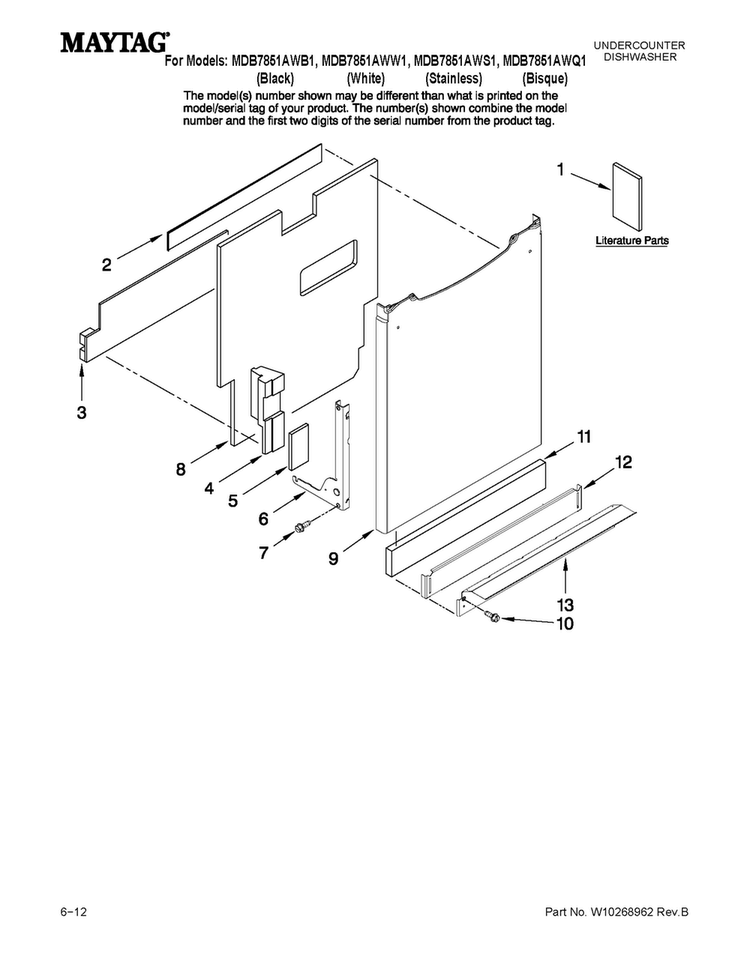 Door And Panel Parts Diagram and Parts List for MDB7851AWB1  Maytag Dishwasher