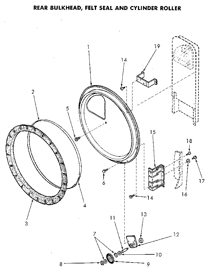 Rear Bulkhead Diagram and Parts List for NE8833L43938  Speed Queen Dryer