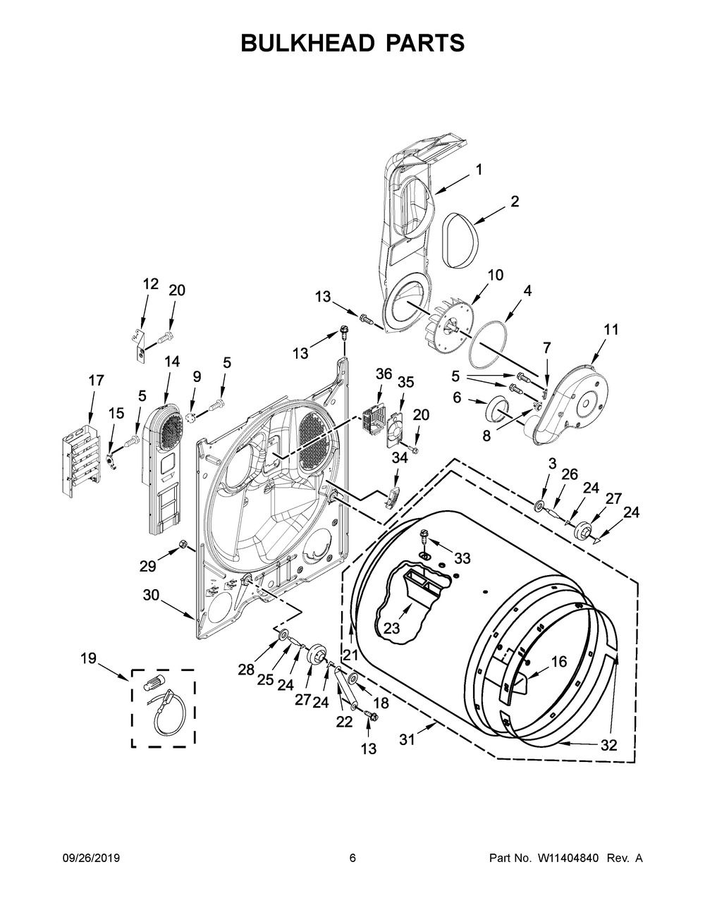 Bulkhead Parts Diagram and Parts List for 4KNED3100JW0  Maytag Dryer
