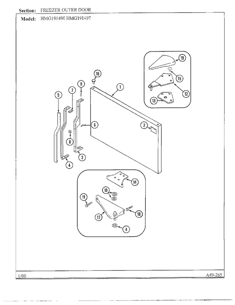 Freezer Outer Door Diagram and Parts List for HMG191490  Admiral Refrigerator