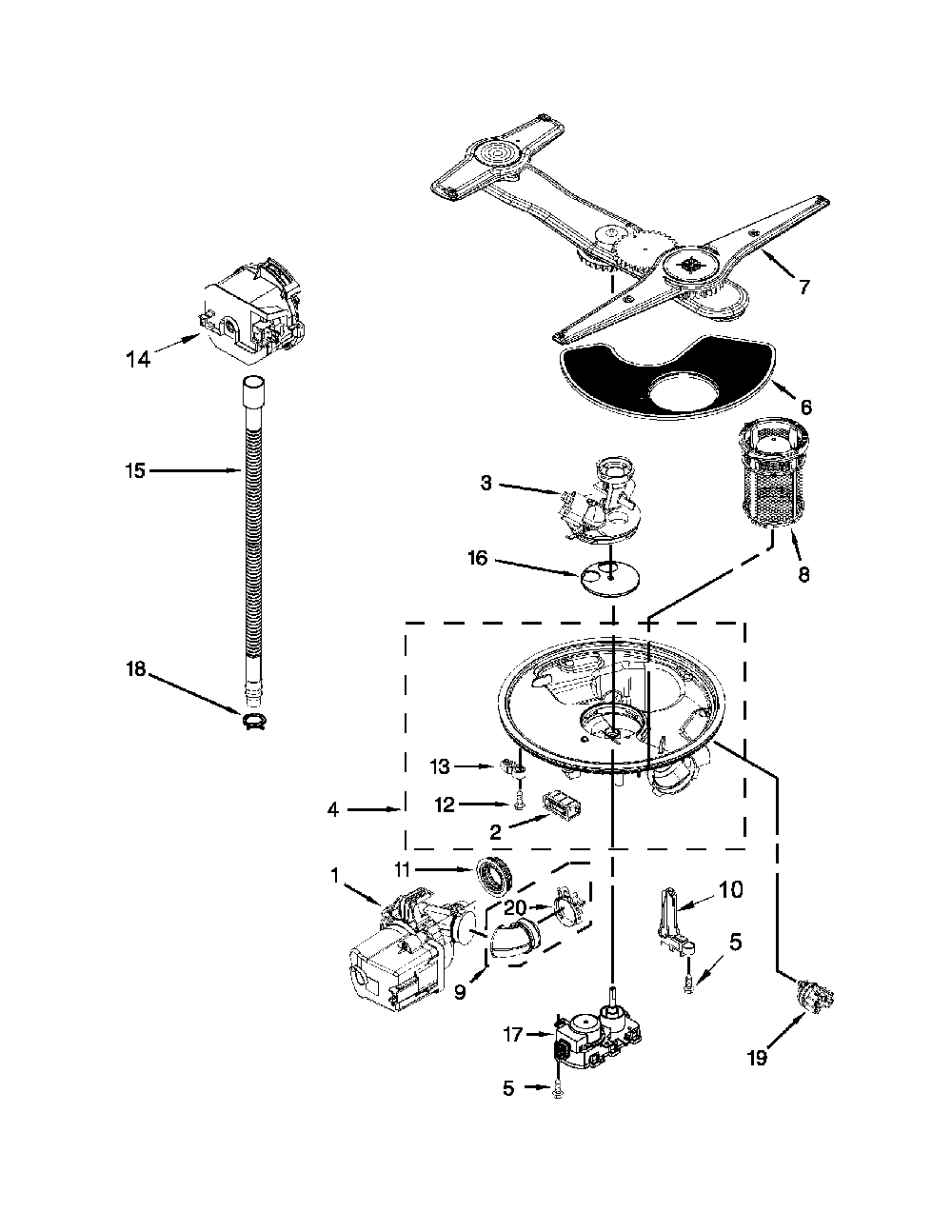 Pump, Washarm And Motor Parts Diagram and Parts List for 66512833K313  Kenmore Dishwasher