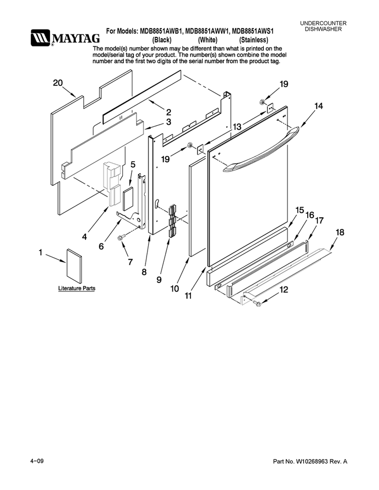 Door And Panel Parts Diagram and Parts List for MDB8851AWS1  Maytag Dishwasher