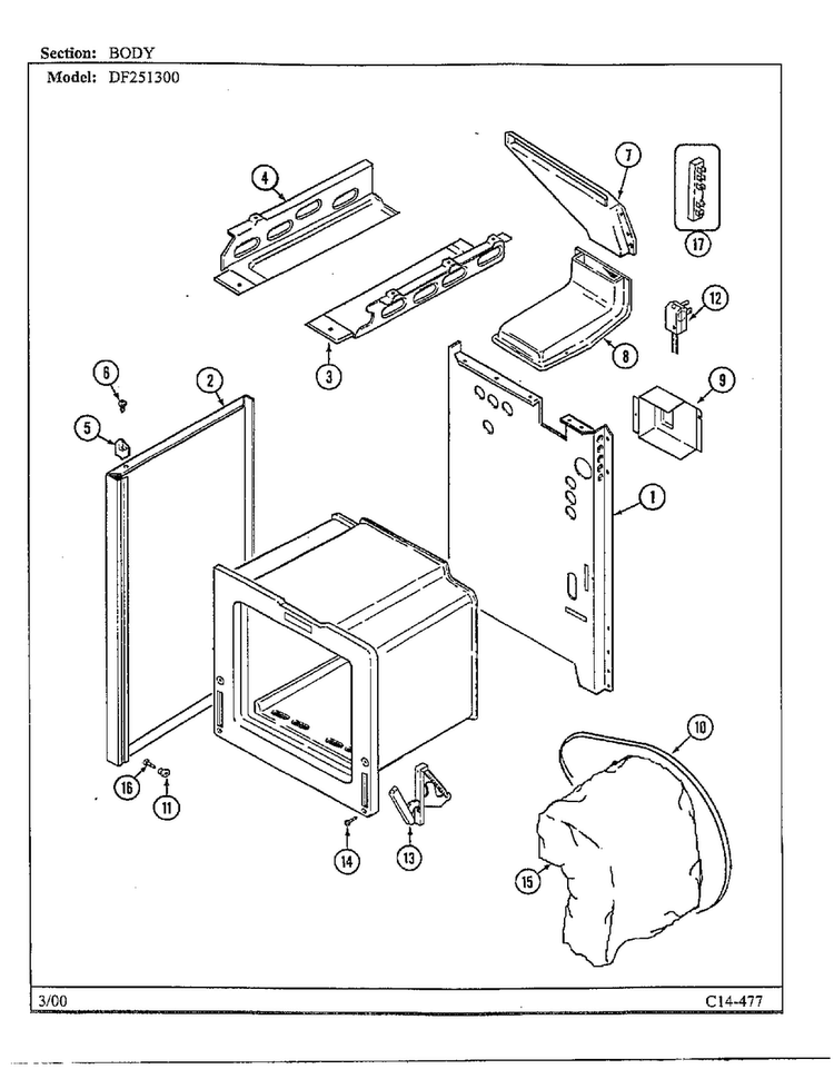 Body Diagram and Parts List for DF251300  Magic Chef Range