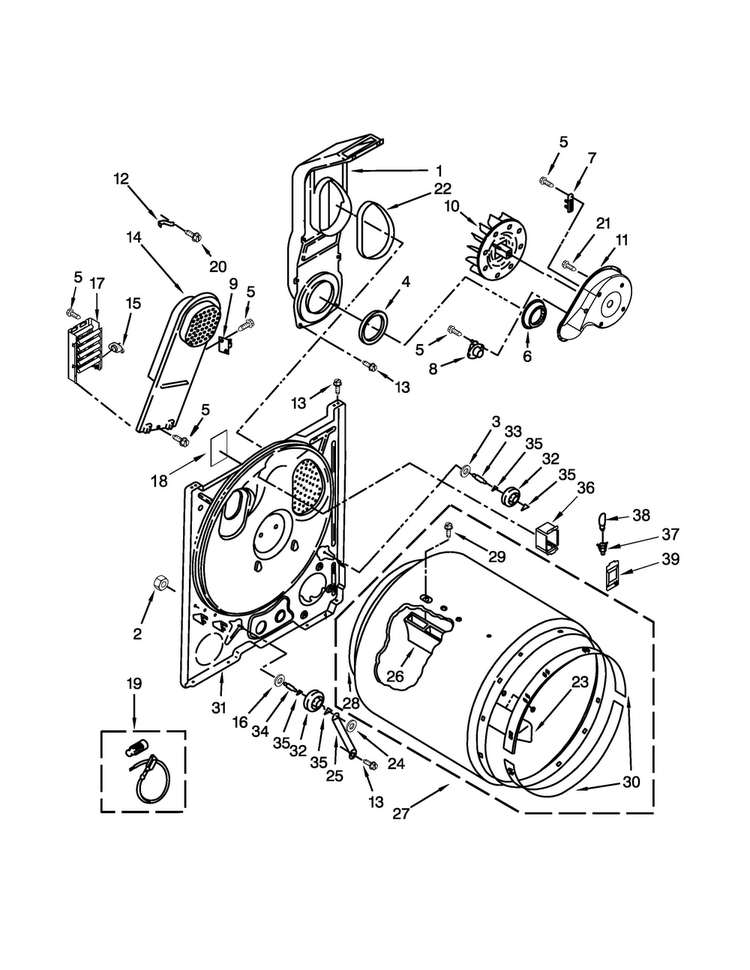 Bulkhead Parts Diagram and Parts List for NED4705EW0  Amana Dryer
