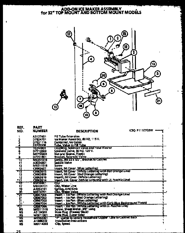 Icemaker Diagram and Parts List for TC18QL-P1111408WL  Amana Refrigerator