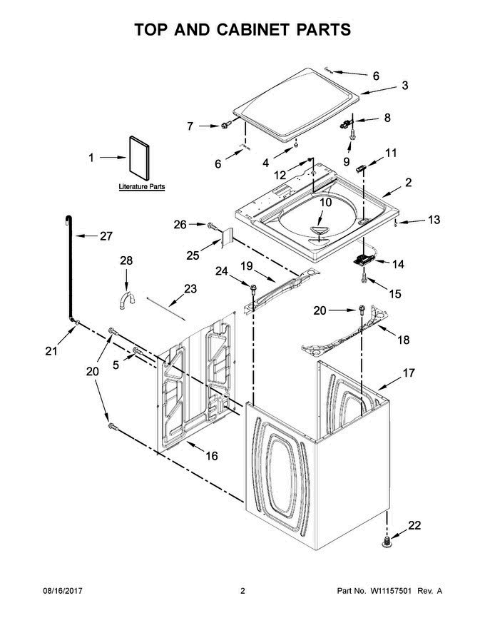 02 - Top And Cabinet Parts Diagram and Parts List for 7MMVWC100DW2  Maytag Washer