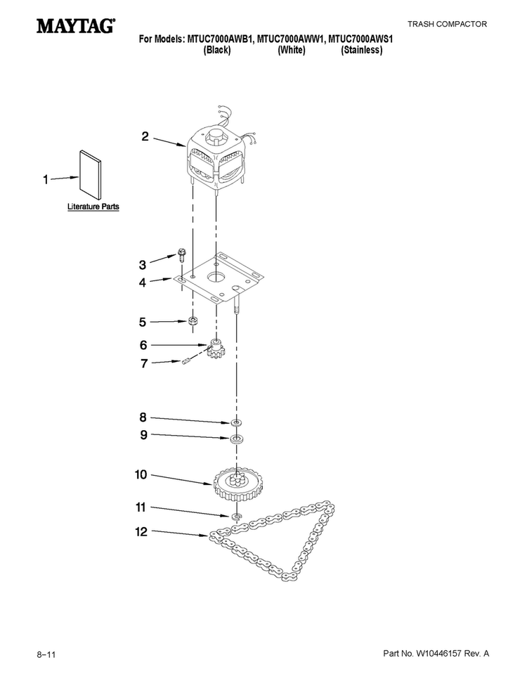 Motor And Drive Parts Diagram and Parts List for MTUC7000AWB1  Maytag Trash Compactor