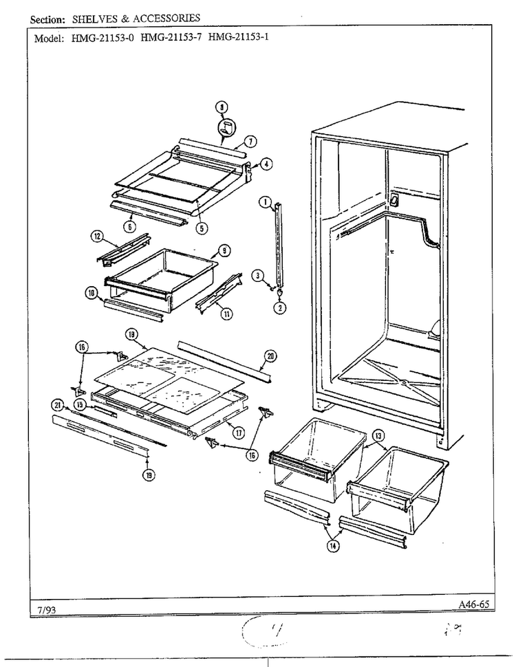 Shelves And Accessories Diagram and Parts List for 21153-0B  Admiral Refrigerator