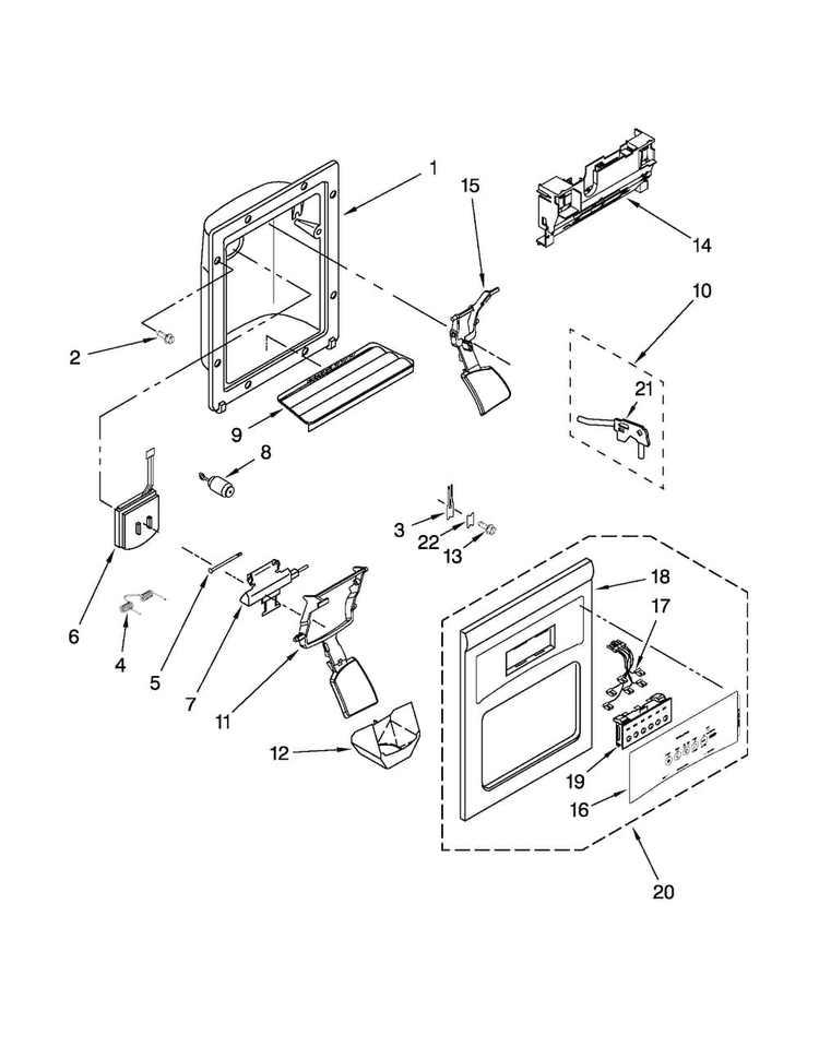 Dispenser Front Parts Diagram and Parts List for MSF25D2EAS00  Maytag Refrigerator