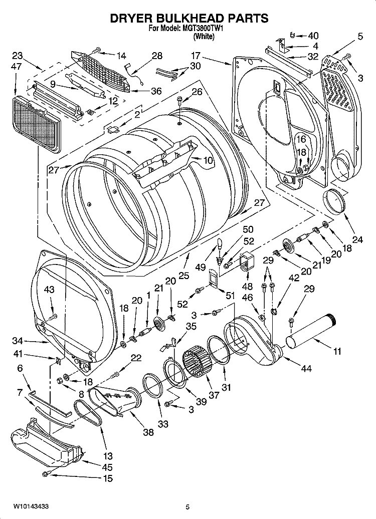 DRYER BULKHEAD PARTS Diagram and Parts List for MGT3800TW1  Maytag Washer Dryer Combo