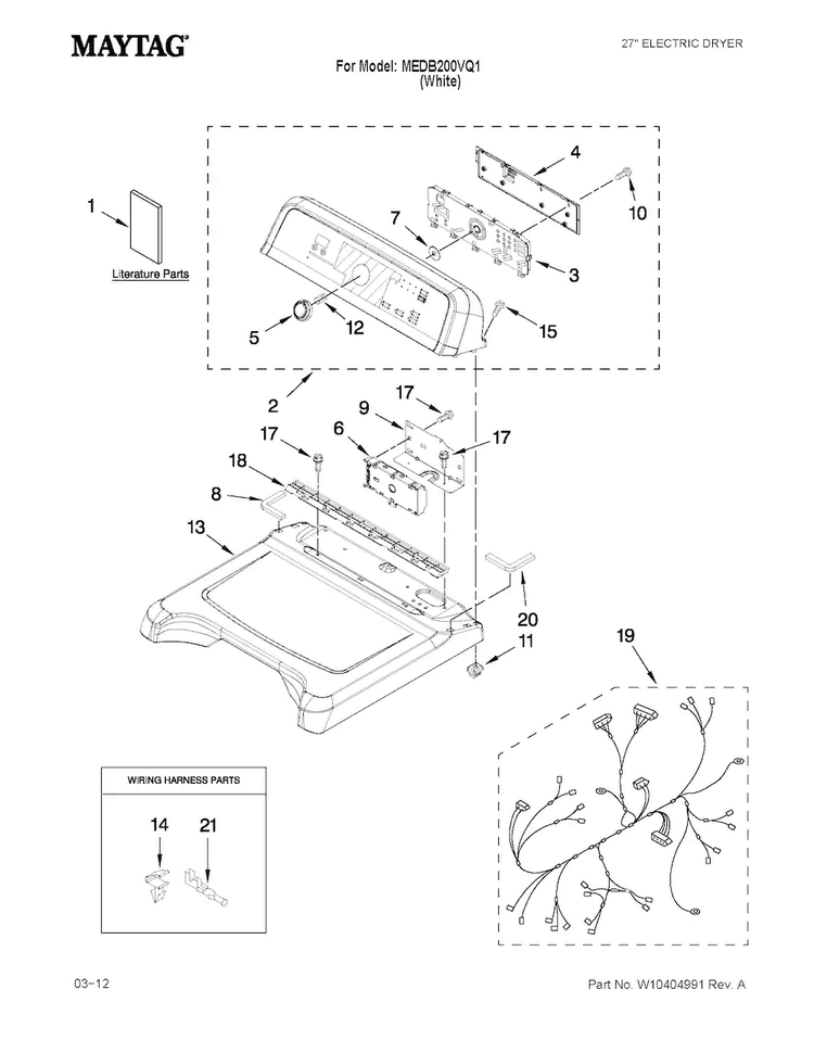 Top And Console Parts Diagram and Parts List for MEDB200VQ1  Maytag Dryer