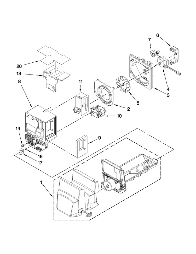 Motor And Ice Container Parts Diagram and Parts List for JFI2089AEP9  Jenn-Air Refrigerator