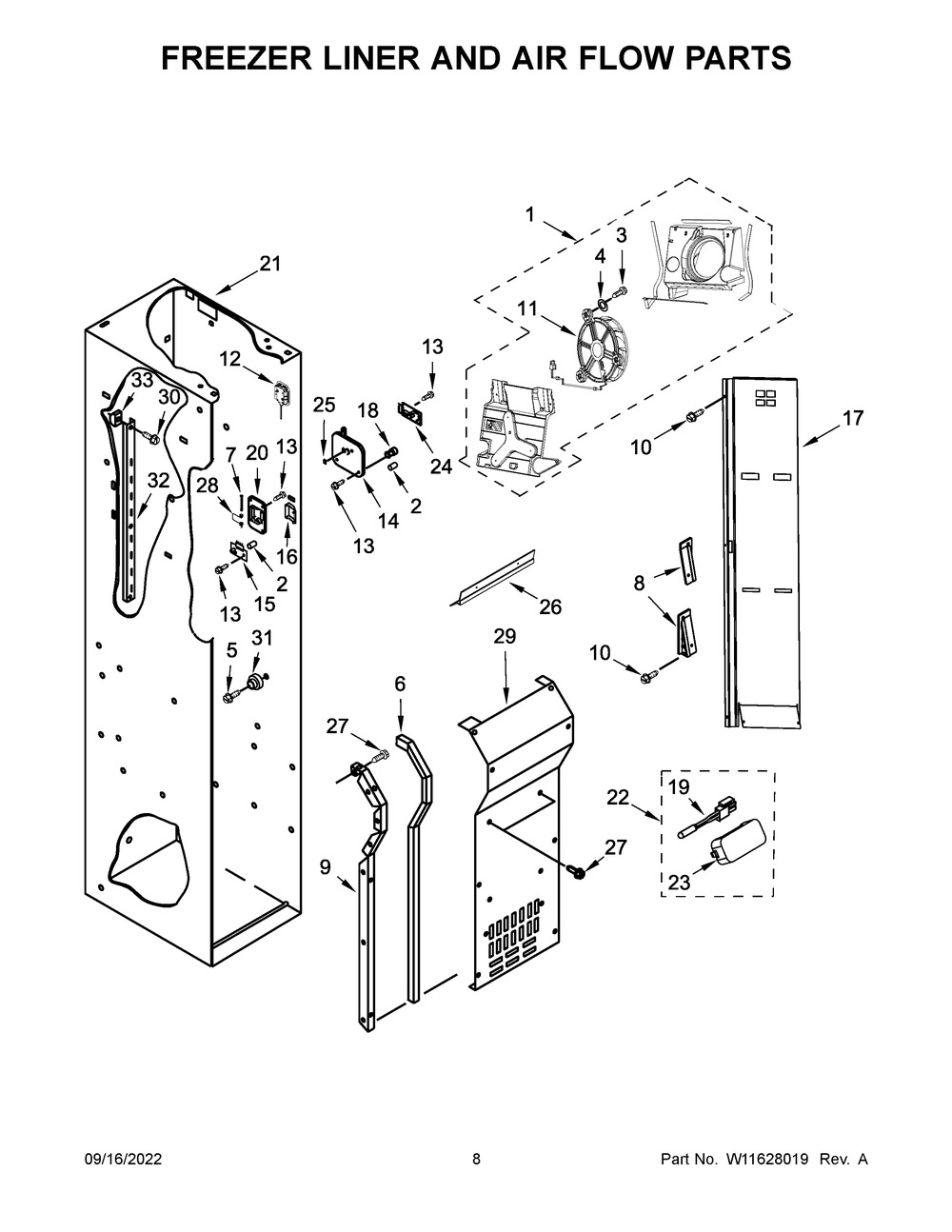 Freezer Liner And Air Flow Parts Diagram and Parts List for JBSS48E22L00  Jenn-Air Refrigerator