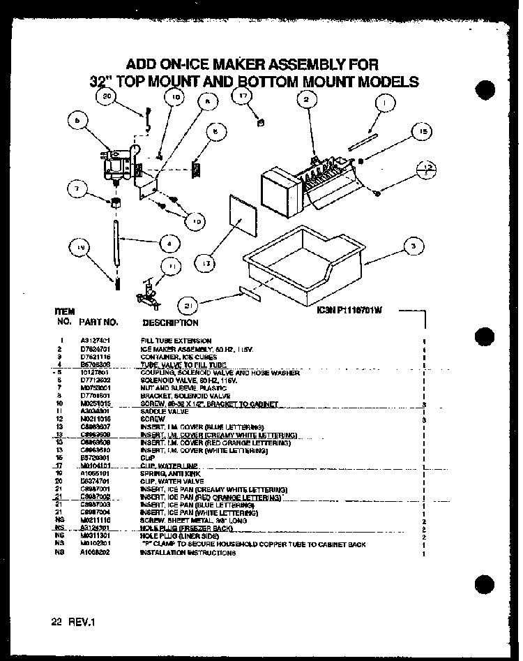 Add On-ice Maker Assembly Diagram and Parts List for BZ22QL-P1153001WL  Amana Refrigerator