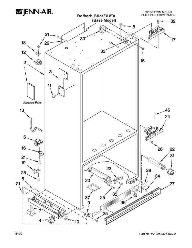 Cabinet Parts Diagram and Parts List for JB36NXFXLW00  Jenn-Air Refrigerator
