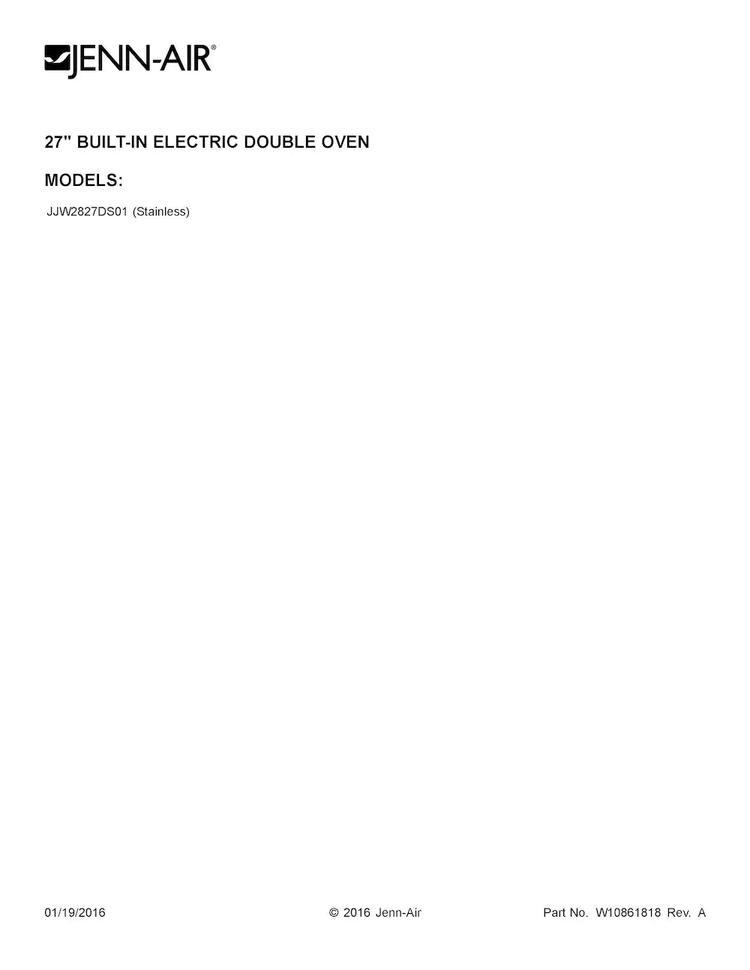Cover Sheet Diagram and Parts List for JJW2827DS01  Jenn-Air Wall Oven
