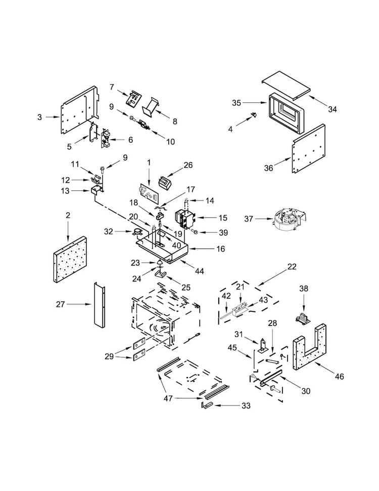 Cabinet And Stirrer Parts Diagram and Parts List for JMW2430WP03  Jenn-Air Microwave