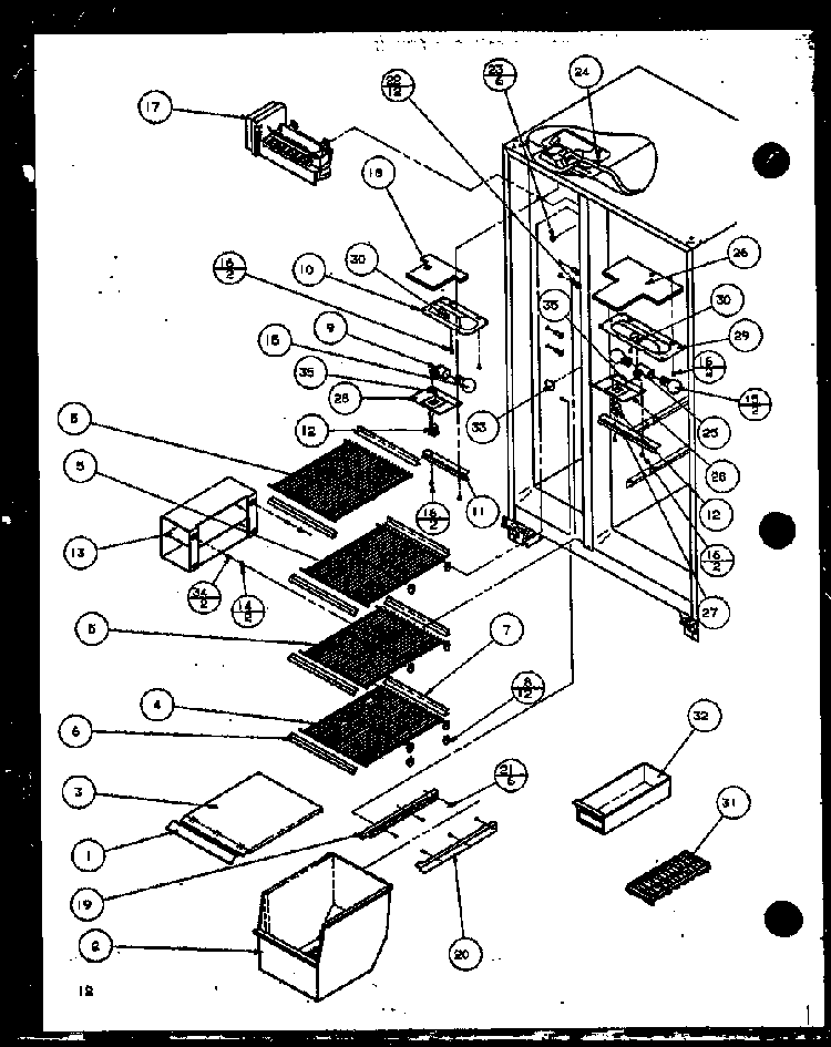 Freezer Shelving And Refrigerator Light Diagram and Parts List for SX22J-P1116004W  Amana Refrigerator