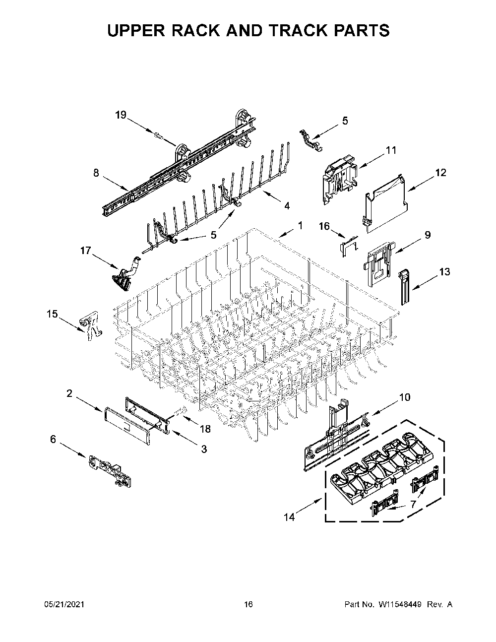 Upper Rack And Track Parts Diagram and Parts List for 66514793N513  Kenmore Dishwasher