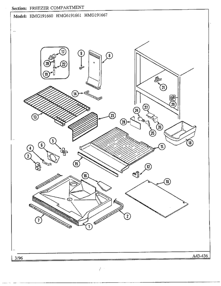 Freezer Compartment Diagram and Parts List for HMG191660  Admiral Refrigerator