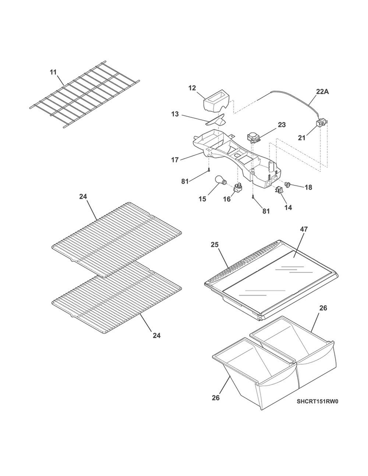 Shelves Diagram and Parts List for CRT151RW0  Crosley Refrigerator